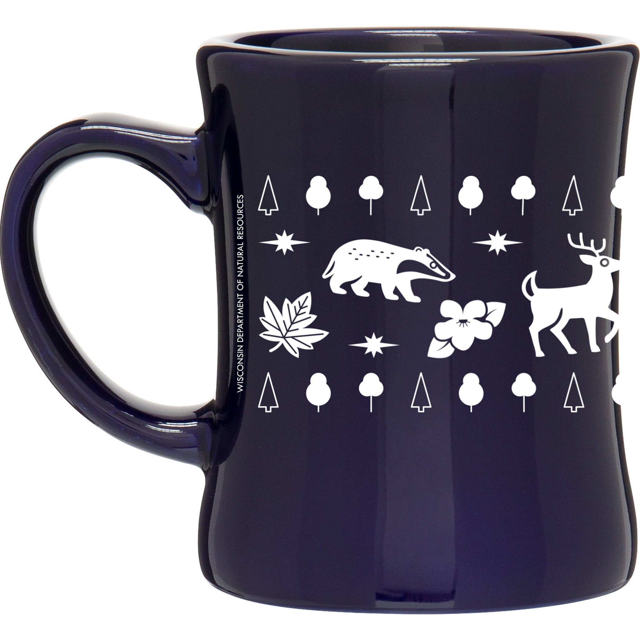 A cobalt blue ceramic mug wrapped with the text "Flora & Fauna of Wisconsin" featuring various stylized animals and plants native to the state. 