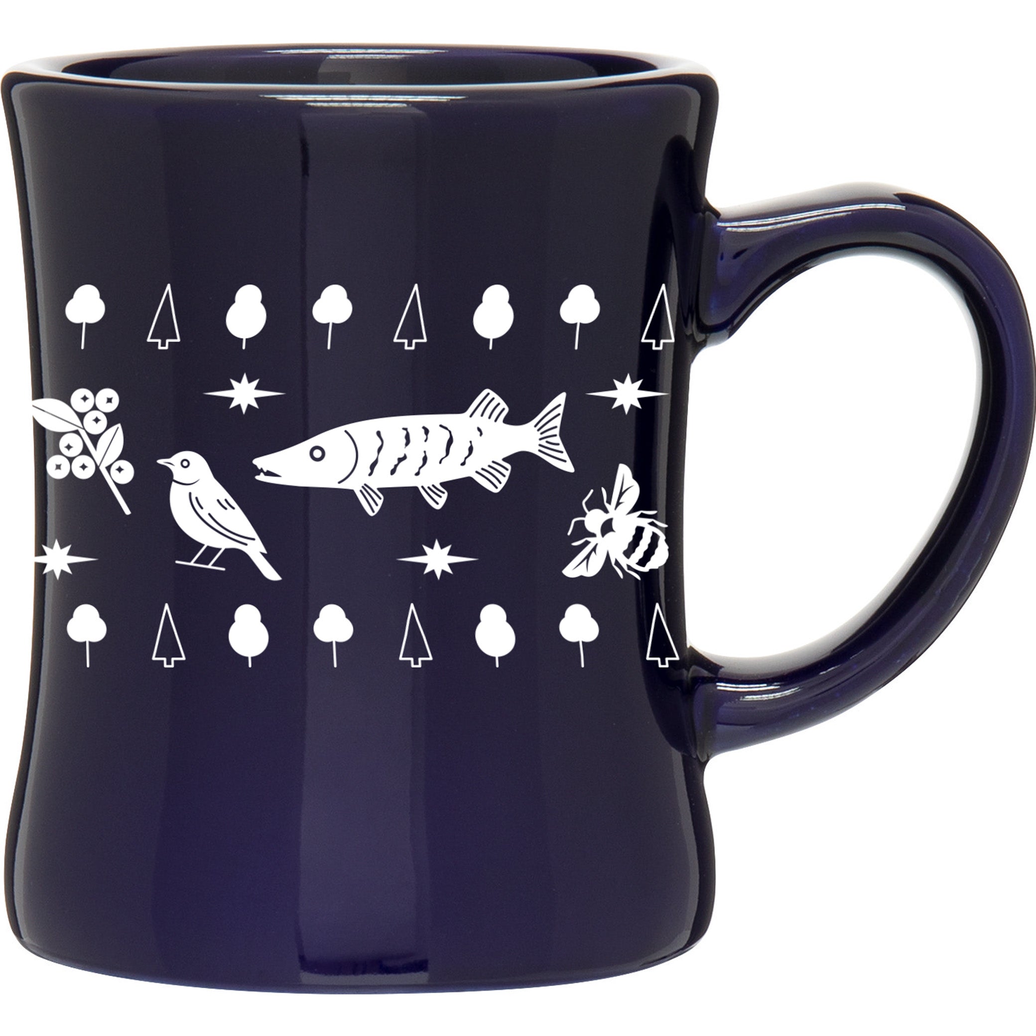 A cobalt blue ceramic mug wrapped with the text "Flora & Fauna of Wisconsin" featuring various stylized animals and plants native to the state. 