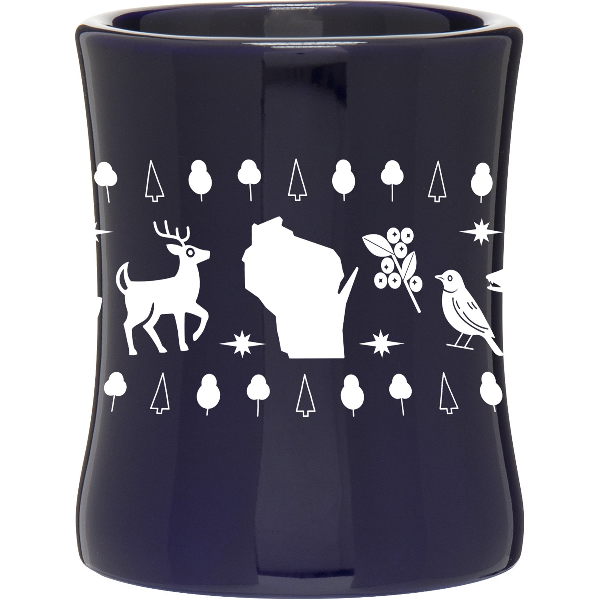 A cobalt blue ceramic mug wrapped with the text "Flora & Fauna of Wisconsin" featuring various stylized animals and plants native to the state. 