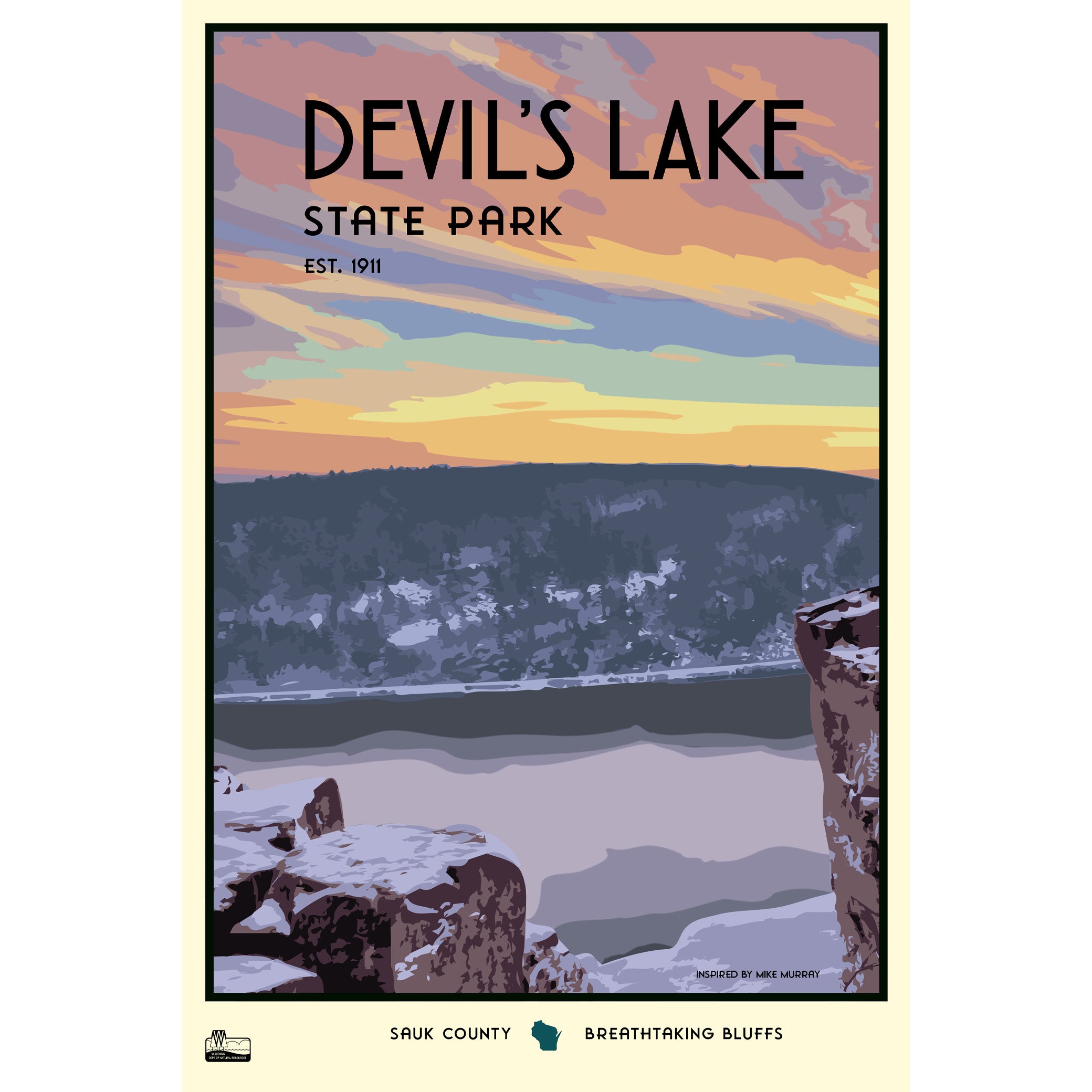 A poster of Devil's Lake State Park in Sauk County. The poster features a stylized sunset view of the lake surrounded by snow-covered bluffs.