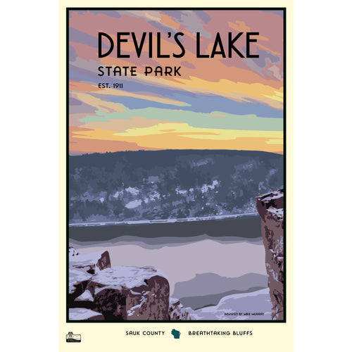 A poster of Devil's Lake State Park in Sauk County. The poster features a stylized sunset view of the lake surrounded by snow-covered bluffs.