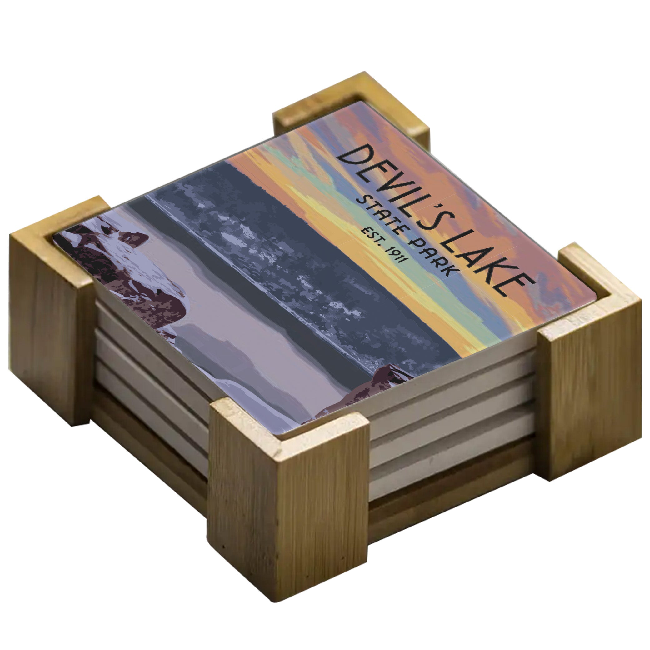 A set of four coasters featuring four different Wisconsin state parks. The coasters are set in a wooden holder and come as a set.