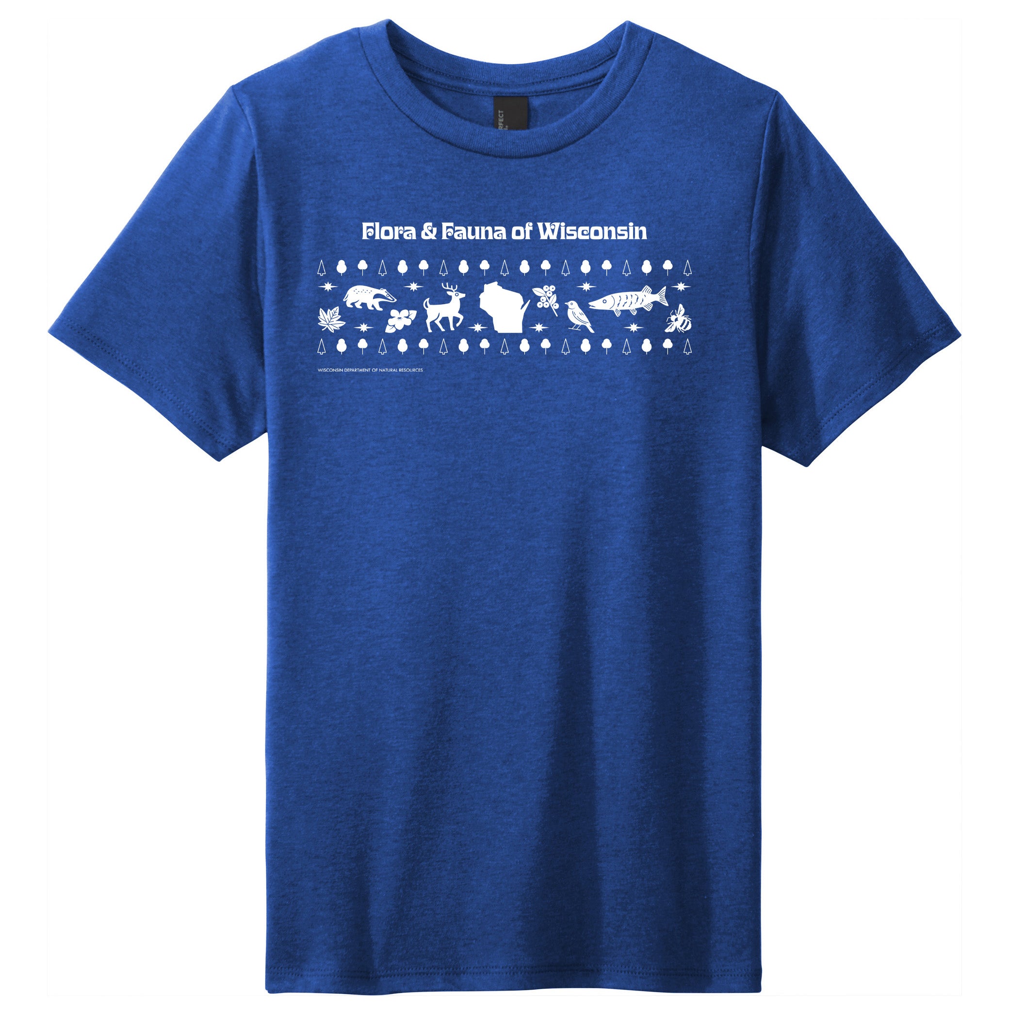 A royal blue T-shirt with the text "Flora & Fauna of Wisconsin" featuring various stylized animals and plants native to the state.