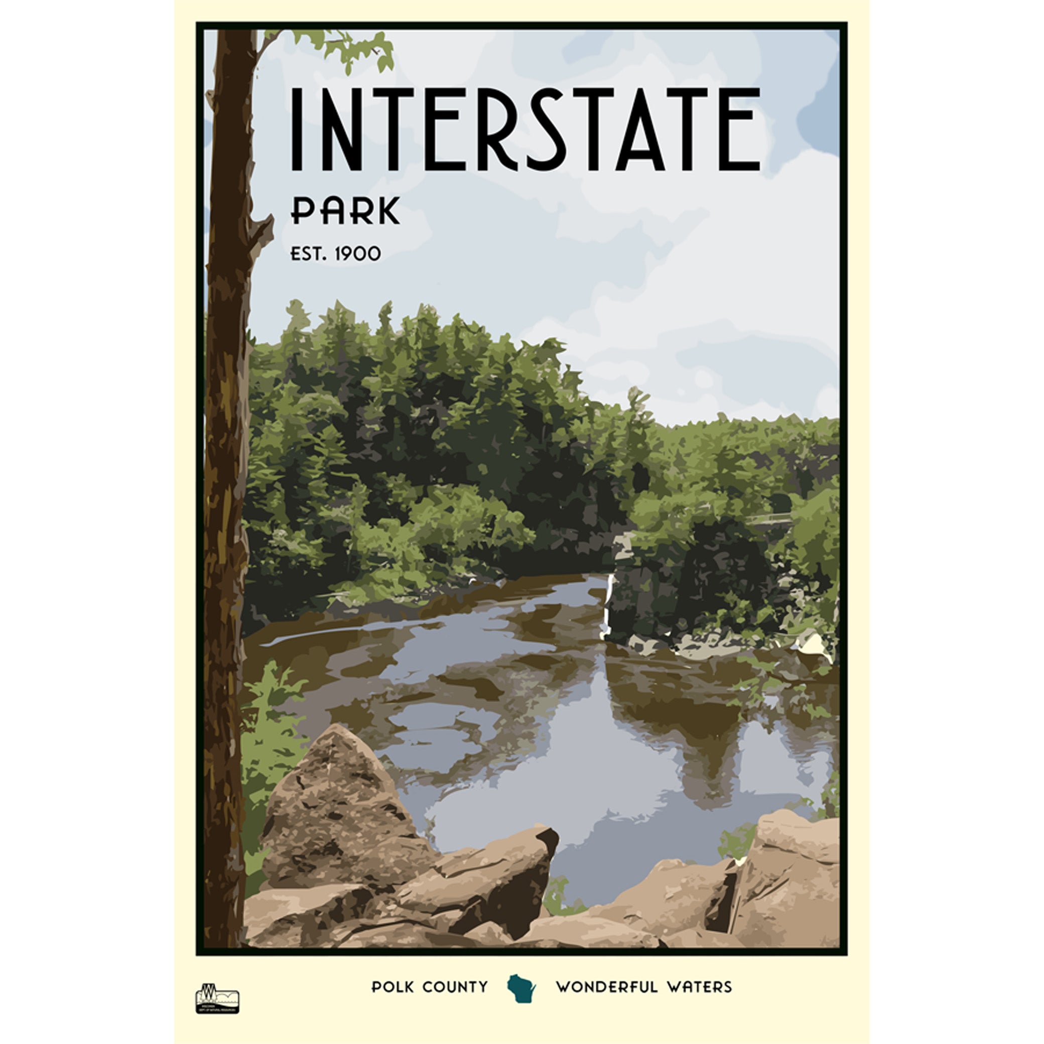 A poster of Interstate Park in Polk County. The poster features a stylized view of the Dalles of the St. Croix River flowing through a rocky gorge with coniferous trees.