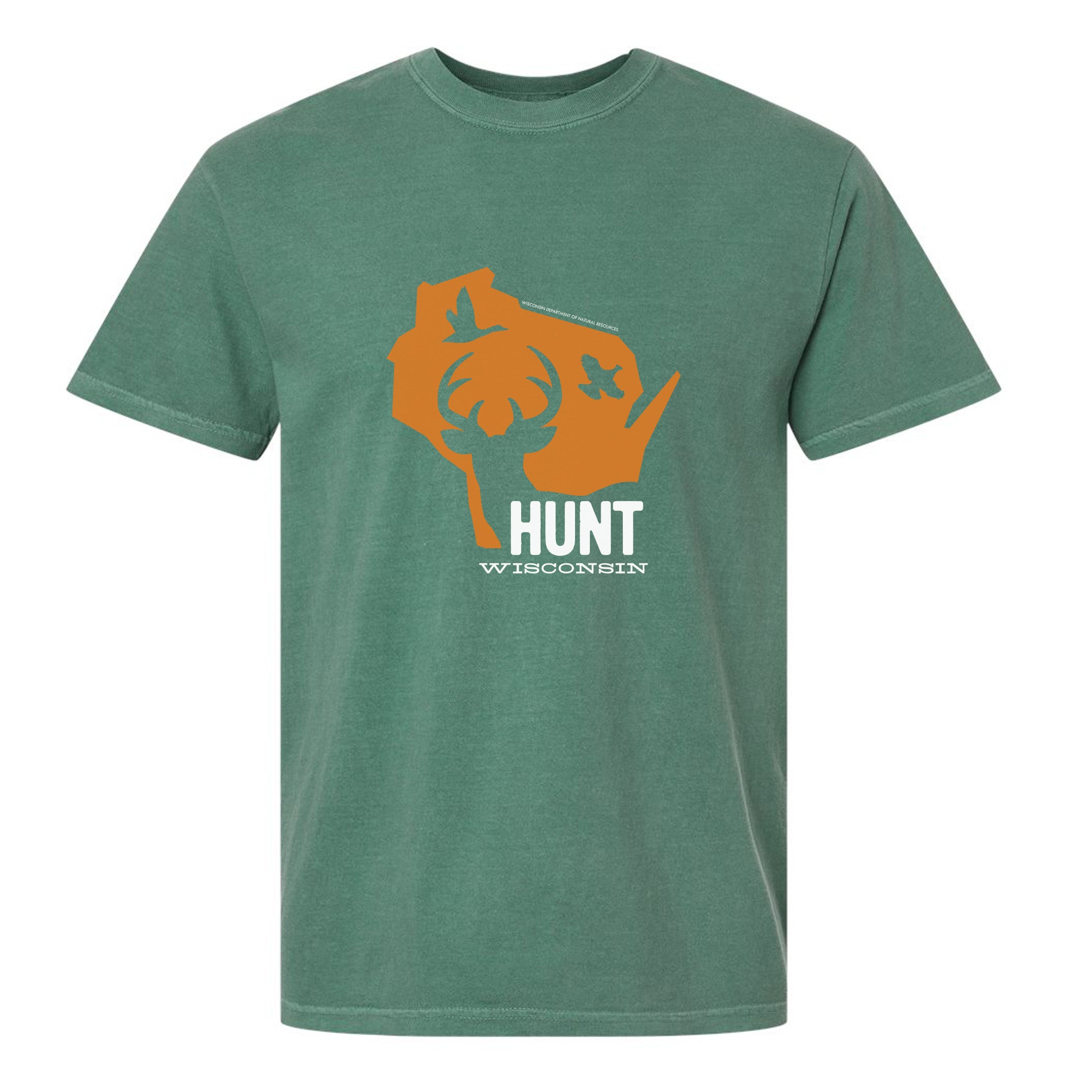 A sage green T-shirt with a graphic featuring the outline of the state of Wisconsin with the silhouette of a deer, goose and grouse inside it. The words “Hunt Wisconsin” appear below.