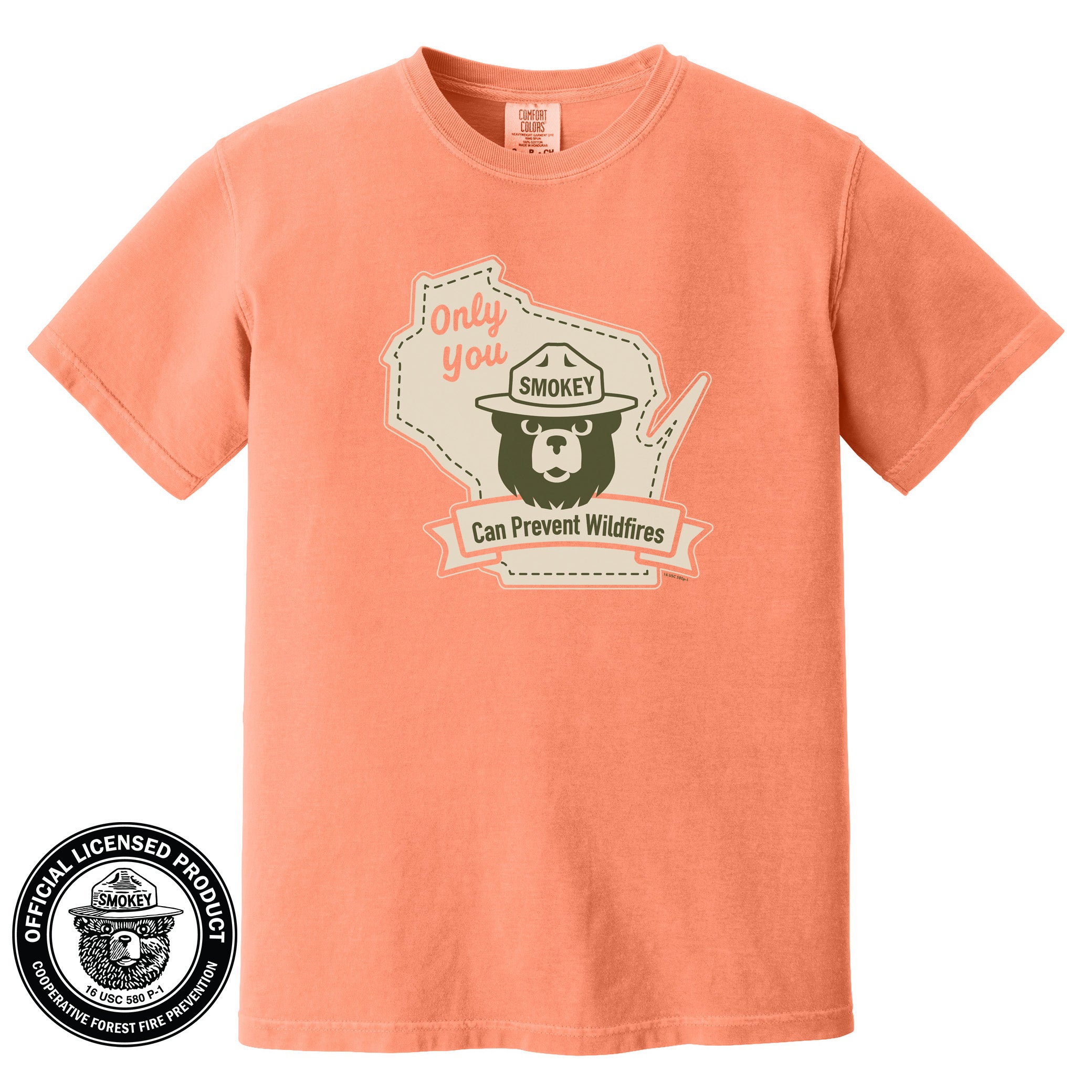 A melon T-shirt featuring a likeness of Smokey Bear inside an outline of the state of Wisconsin with the text “Only You Can Prevent Wildfires.”