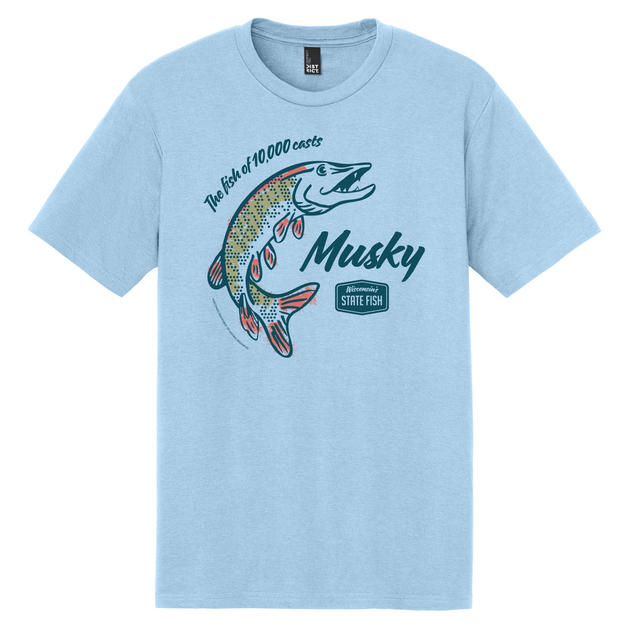 A light blue T-shirt featuring an illustration of a musky, with text "The Fish Of 10,000 Casts," and a badge noting the musky as “Wisconsin’s State Fish.”