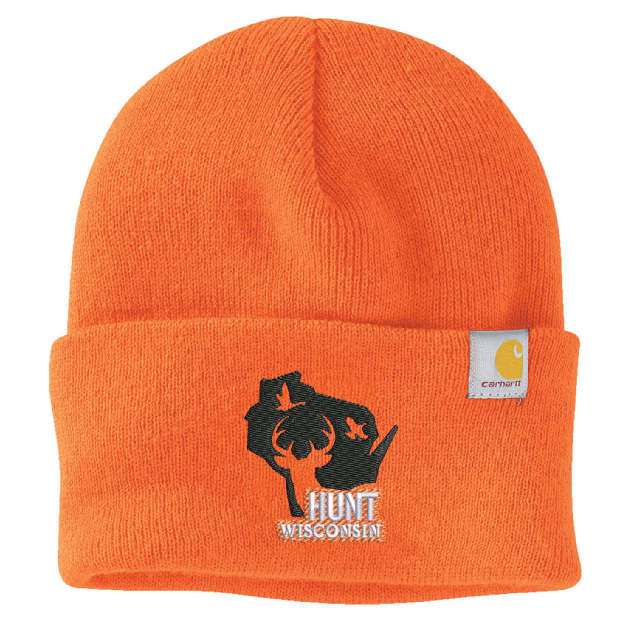 A bright orange Carhartt beanie with a stitched black graphic featuring the outline of the state of Wisconsin with the silhouette of a deer, goose and grouse inside it. The words “Hunt Wisconsin” appear below.