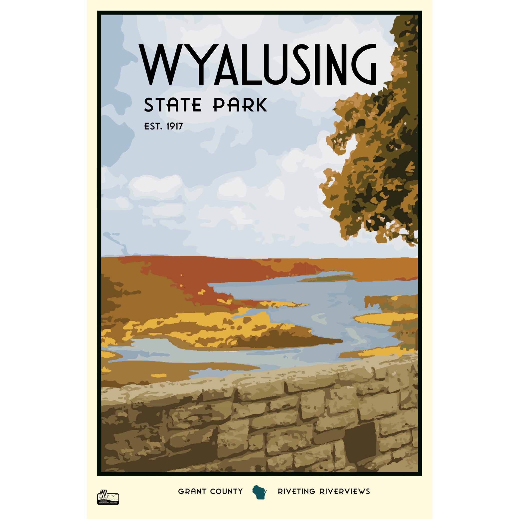 A poster of Wyalusing State Park in Grant County. The poster features a stylized view of the Wisconsin River winding through a sea of autumn foliage from behind the brick wall of a bluff-side overlook. 